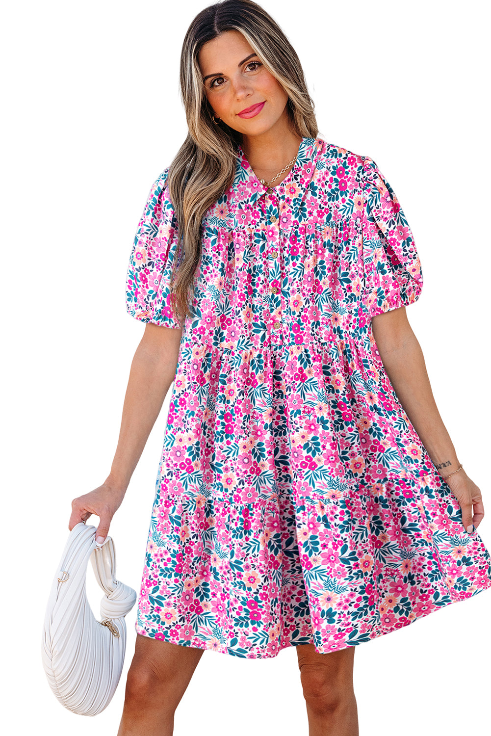Pink Floral Collared Half Placket Short Sleeve Loose Dress Floral Dresses JT's Designer Fashion