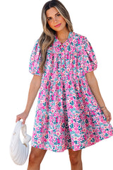Pink Floral Collared Half Placket Short Sleeve Loose Dress Floral Dresses JT's Designer Fashion