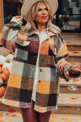 Orange Plaid Print Flap Pocket Long Jacket Jackets JT's Designer Fashion