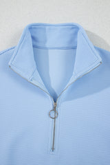Beau Blue Ribbed Texture Half Zip Ruffled Short Sleeve Top and Shorts Set Short Sets JT's Designer Fashion
