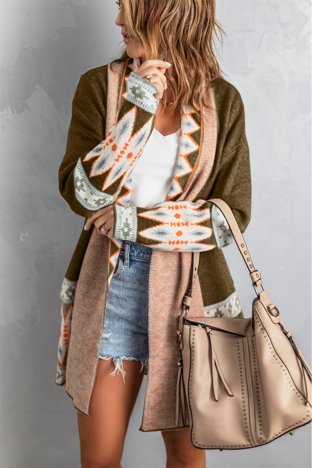 Brown Aztec Print Open Front Knitted Cardigan Sweaters & Cardigans JT's Designer Fashion