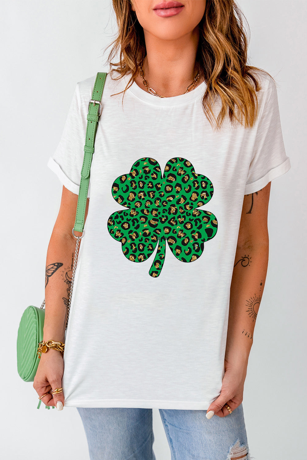 White Leopard Four Leaf Clover Graphic Tee Graphic Tees JT's Designer Fashion
