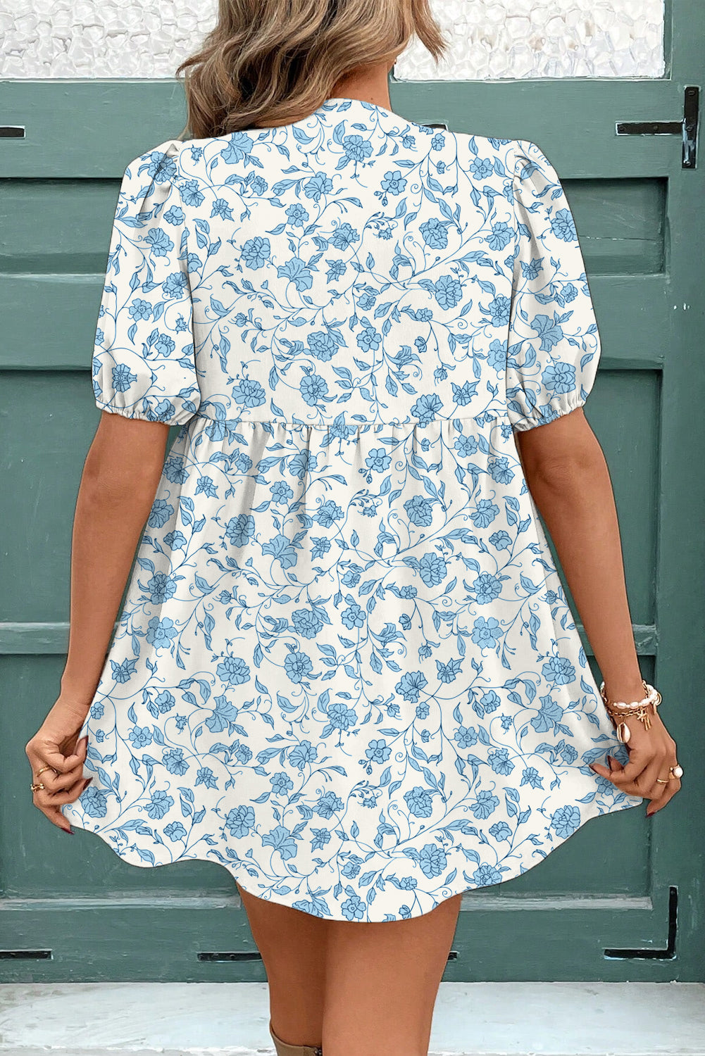 Sky Blue Floral Contrast Bow Puff Sleeve Mini Dress Mini Dresses JT's Designer Fashion