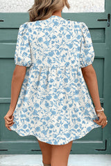 Sky Blue Floral Contrast Bow Puff Sleeve Mini Dress Mini Dresses JT's Designer Fashion