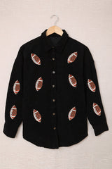 Black Sequin Rugby Pattern Buttoned Corduroy Shacket Jackets JT's Designer Fashion