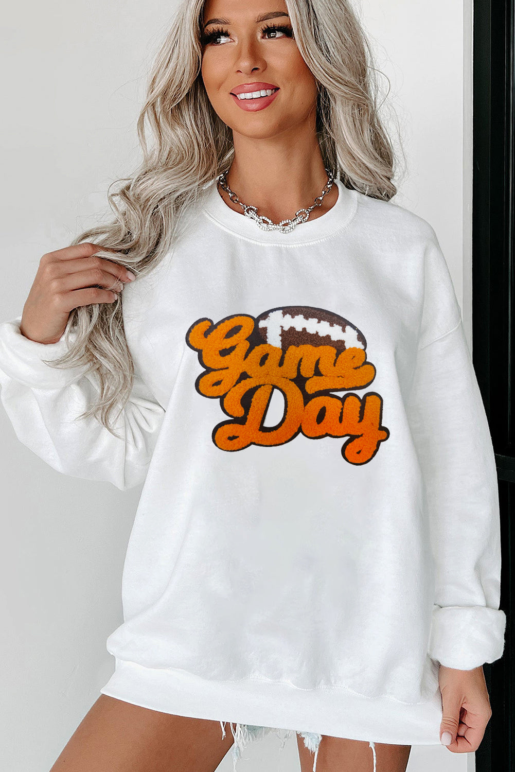 White Chenille Game Day Rugby Football Pattern Pullover Sweatshirt Graphic Sweatshirts JT's Designer Fashion