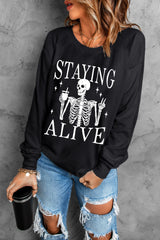 Black STAYING ALIVE Skull Graphic Crewneck Halloween Sweatshirt Graphic Sweatshirts JT's Designer Fashion