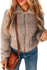 Light French Beige Zipper Pocketed Winter Fuzzy Jacket Jackets JT's Designer Fashion