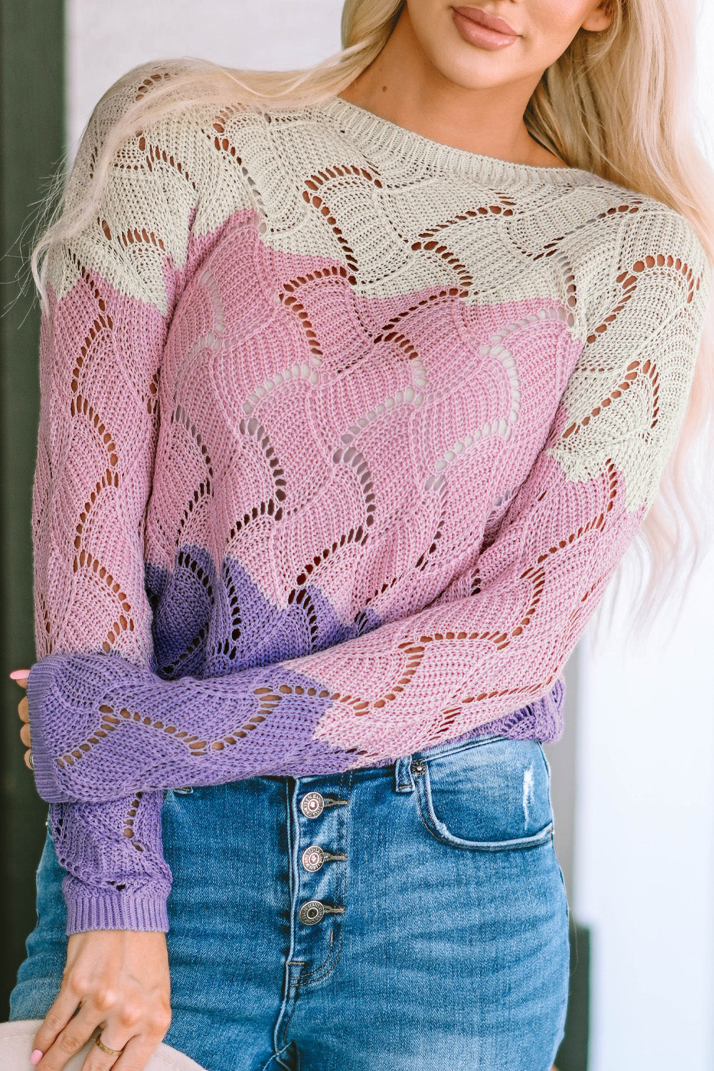 Pink Color Block Hollow Knitted Loose Sweater Sweaters JT's Designer Fashion