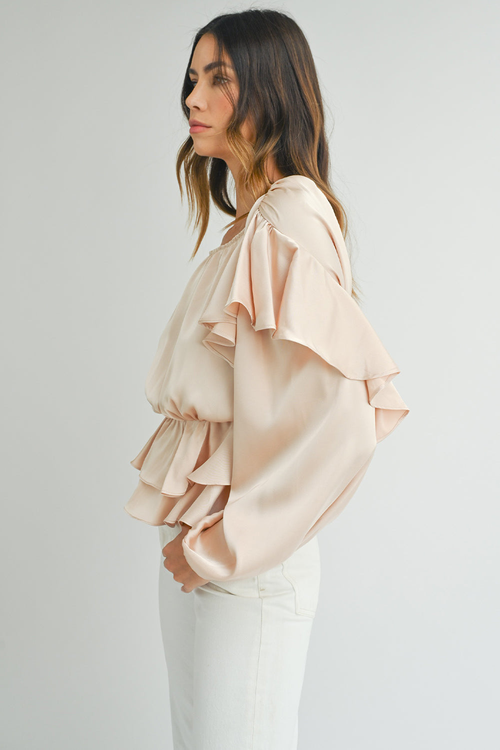 Oatmeal Lace-up Keyhole Back Ruffled Peplum Blouse Blouses & Shirts JT's Designer Fashion