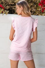 Pink Bow Jacquard Ruffle Sleeve Short 2pcs Outfit Short Sets JT's Designer Fashion