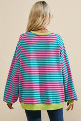 Green Stripe Oversized Contrast Trim Pullover Sweatshirt Sweatshirts & Hoodies JT's Designer Fashion