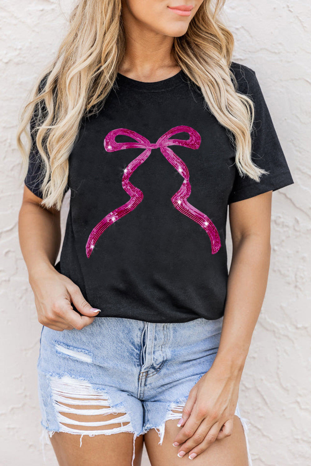 Black Sequin Bow Ribbon Graphic T Shirt Graphic Tees JT's Designer Fashion