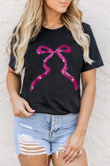Black Sequin Bow Ribbon Graphic T Shirt Graphic Tees JT's Designer Fashion