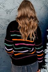Black Colorful Striped Ribbed Trim Sweater Sweaters JT's Designer Fashion