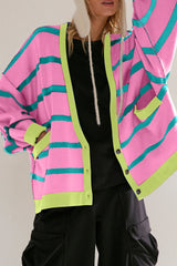 Pink Stripe Colorblock Drop Shoulder Buttoned Loose Cardigan Pink Stripe 50%Viscose+28%Polyester+22%Polyamide Cardigans JT's Designer Fashion