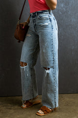 Light Blue Distressed Ripped Raw Hem Straight Jeans Jeans JT's Designer Fashion