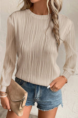 Apricot Textured Wavy Round Neck Long Sleeve Top Long Sleeve Tops JT's Designer Fashion
