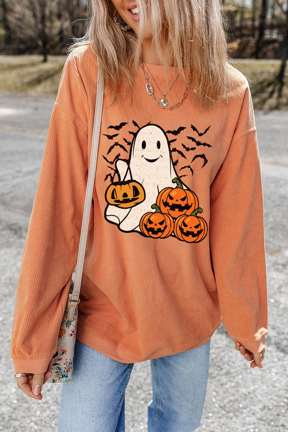 Orange Halloween Ghost Pumpkin Bat Print Corded Pullover Sweatshirt Graphic Sweatshirts JT's Designer Fashion