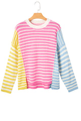 Multicolour Color Block Striped Patchwork Dolman Sleeve Slit Sweater Sweaters JT's Designer Fashion