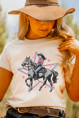 White Star Cowgirl Graphic Round Neck T Shirt Graphic Tees JT's Designer Fashion