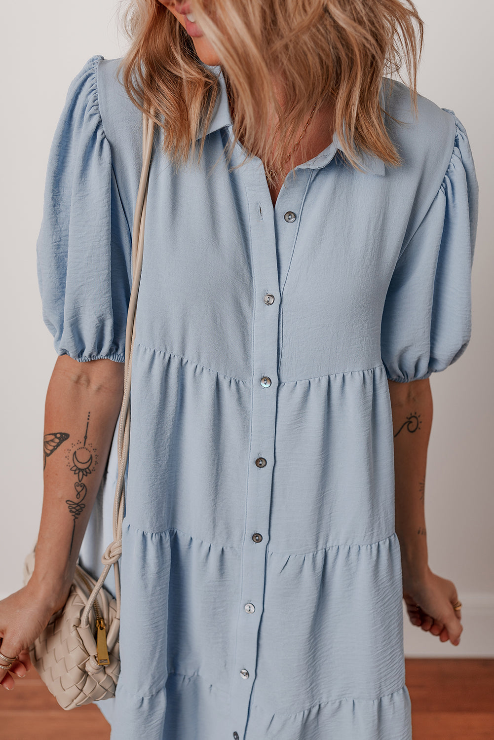 Beau Blue Shirt Collar Button Up Short Puff Sleeve Tiered Shift Dress Mini Dresses JT's Designer Fashion
