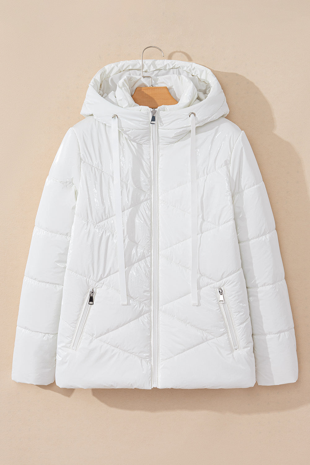 White Solid Quilted Hooded Zip Up Puffer Coat Jackets JT's Designer Fashion