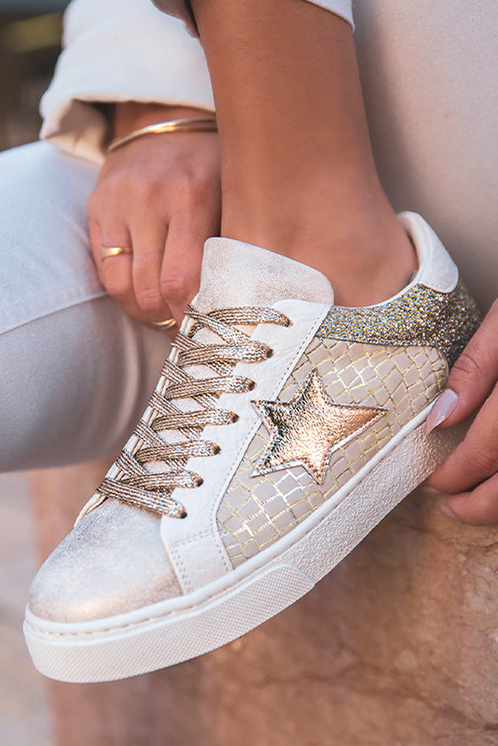 Gold Glitter Star Patchwork Leather Lace-up Sneakers Women's Shoes JT's Designer Fashion