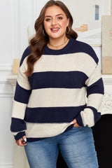 Blue Stripe Color Block PLus Size Drop Shoulder Sweater Plus Size Sweaters & Cardigans JT's Designer Fashion