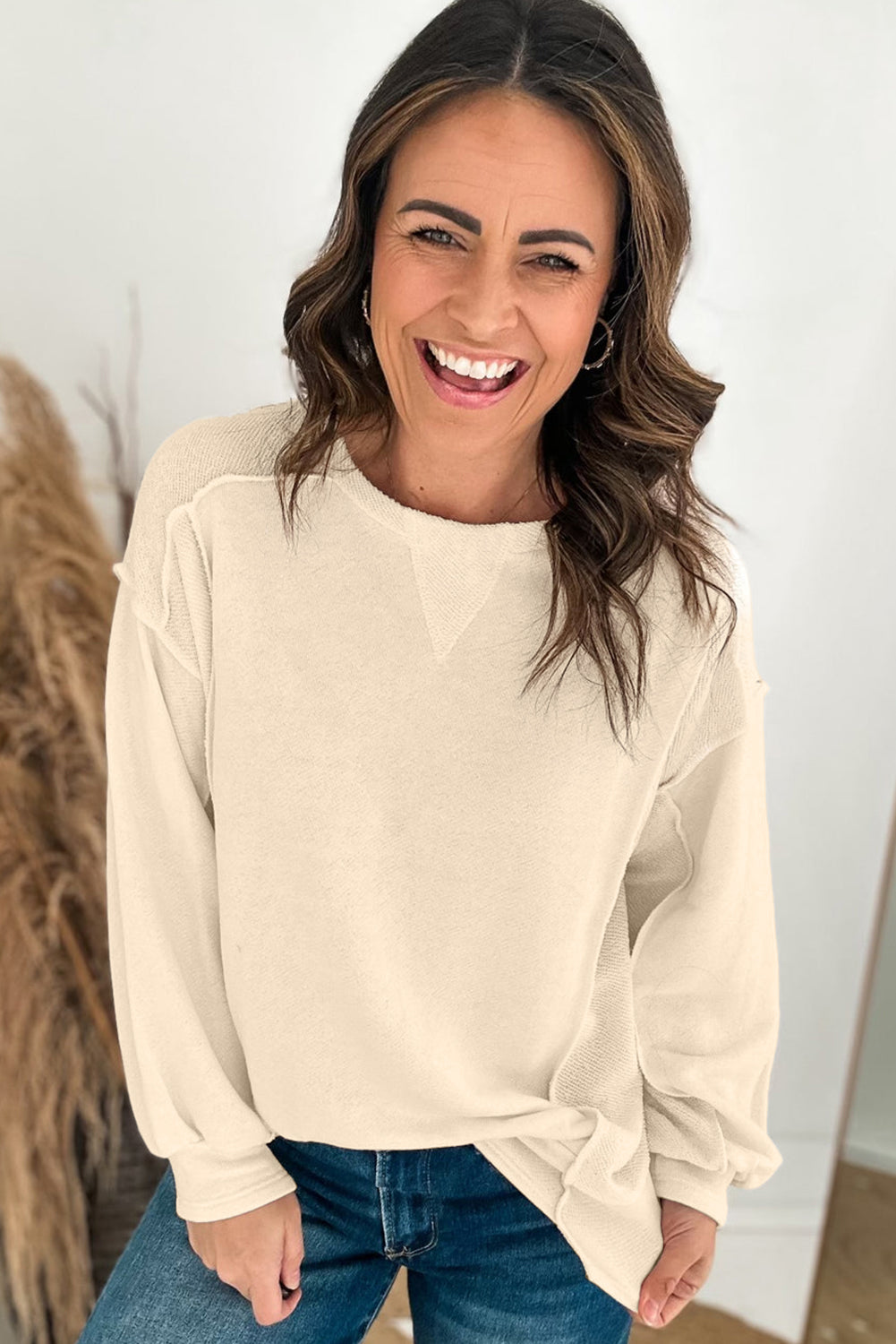 Beige Splicing Round Neck Pullover Sweatshirt Sweatshirts & Hoodies JT's Designer Fashion