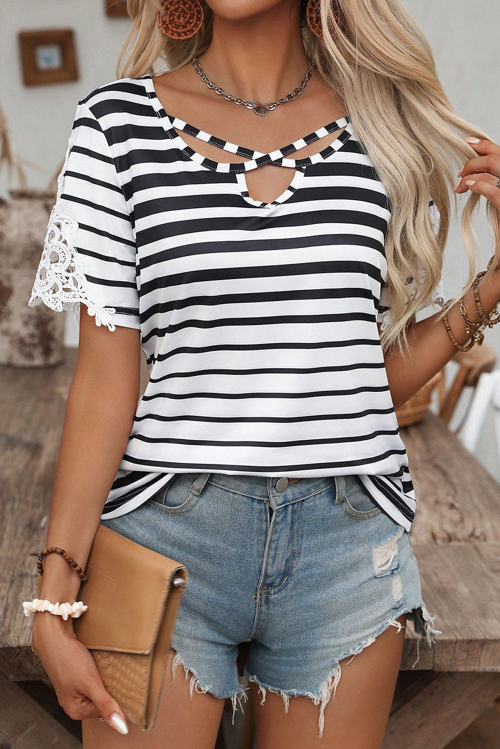 Black Stripe Cross Straps Hollowed Neck Lace Splicing Short Sleeve Blouse Black Stripe 100%Polyester Blouses & Shirts JT's Designer Fashion