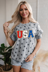 Gray USA Letter Patched Star Printed Ruffle Trim Sleeves Loose Tee Graphic Tees JT's Designer Fashion