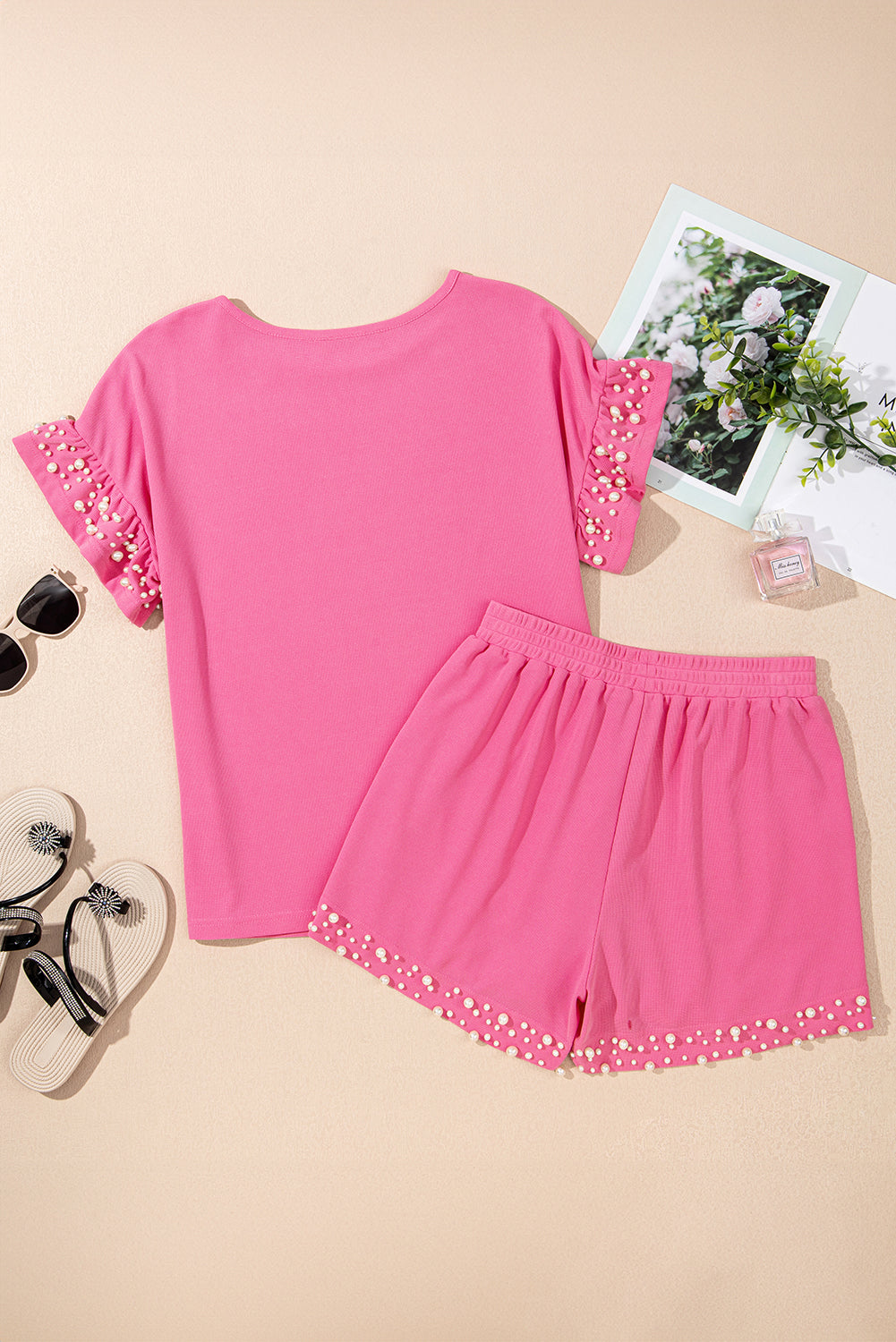 Bright Pink Textured Pearled Ruffle Sleeve Top 2 Piece Shorts Set Short Sets JT's Designer Fashion