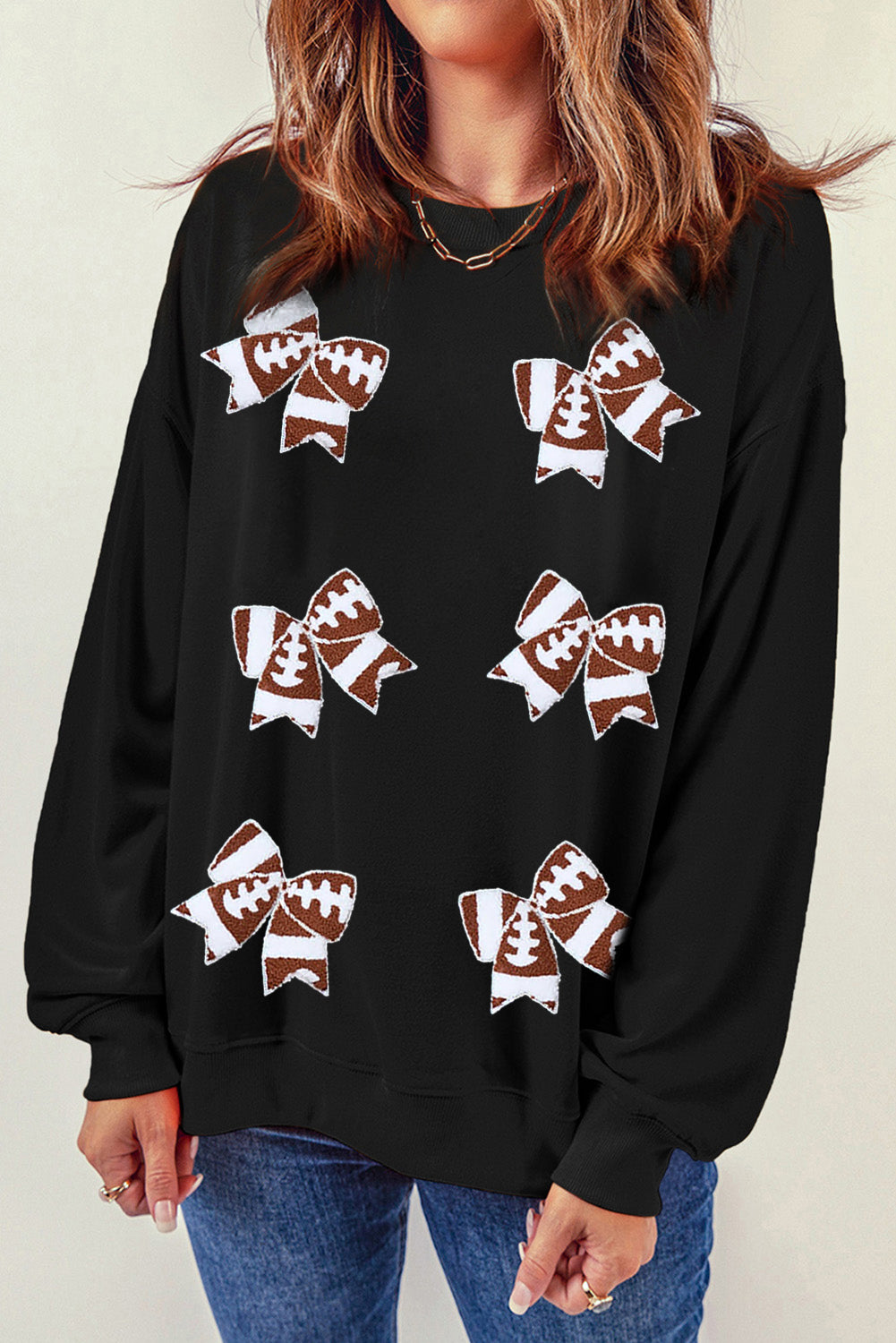 Black Rugby Football Bowknot Patched Crew Neck Game Day Sweatshirt Graphic Sweatshirts JT's Designer Fashion