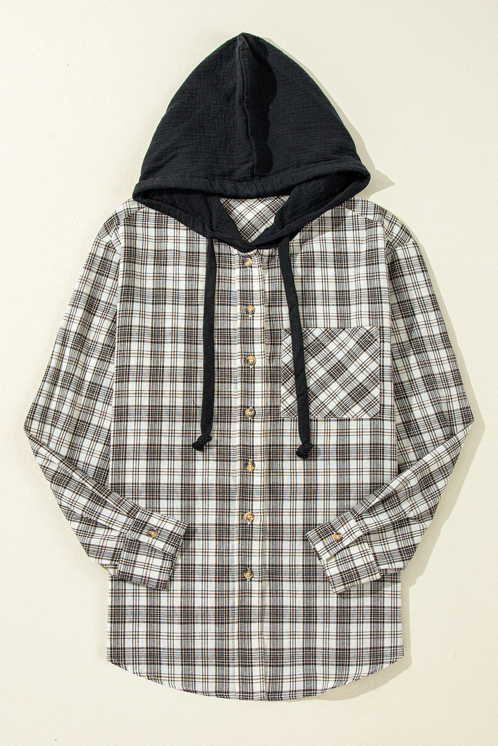 Black Checkered Print Loose Fit Buttoned Hooded Shacket Plaid Shackets JT's Designer Fashion