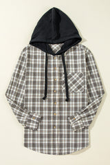 Black Checkered Print Loose Fit Buttoned Hooded Shacket Plaid Shackets JT's Designer Fashion