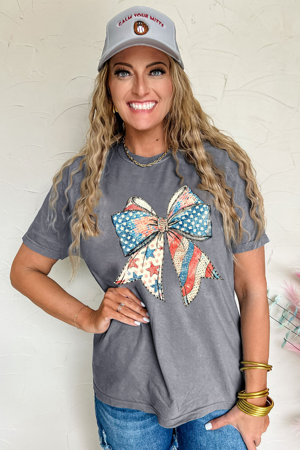 Gray US Flag Bow Print Round Neck Loose T Shirt Graphic Tees JT's Designer Fashion