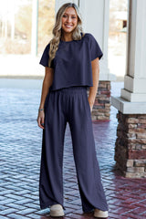 Navy Blue Raw Hem Loose Tee and Wide Leg Pants Set Pant Sets JT's Designer Fashion