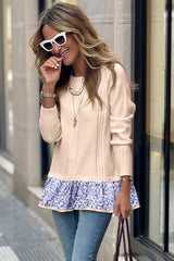 Beige Cable Texture Bohemian Ruffle Hem Patchwork Sweater Sweaters JT's Designer Fashion