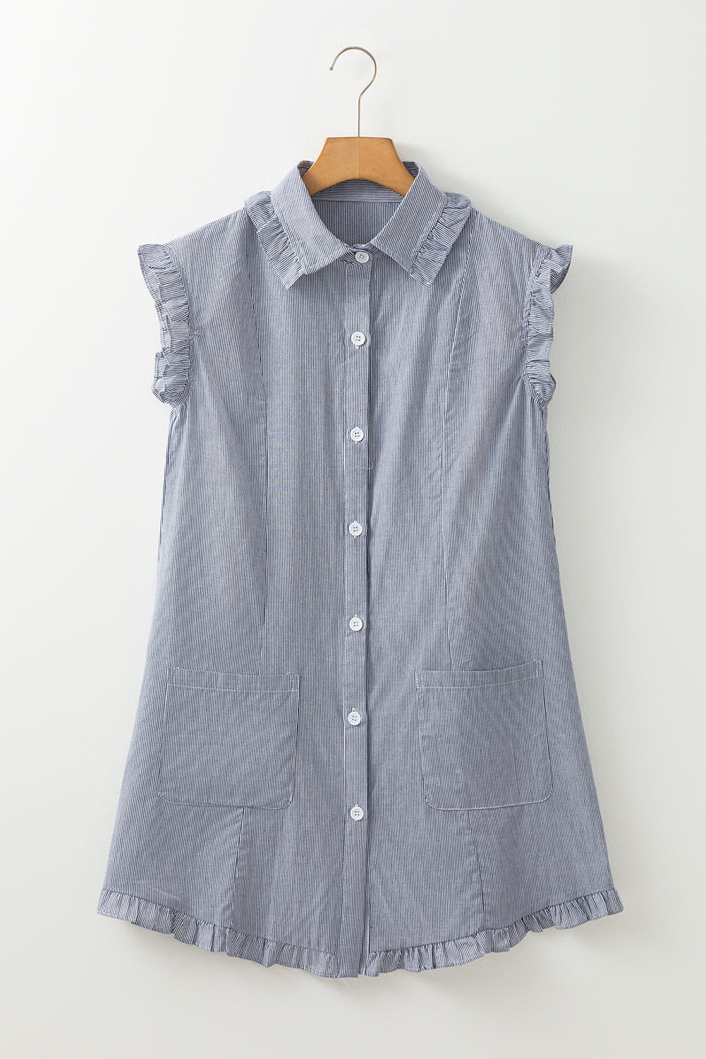 Blue Stripe Frilled Sleeveless Collar Front Pocket Button Up Mini Dress Mini Dresses JT's Designer Fashion