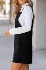 Black Solid Front Pockets Sleeveless Corduroy Overall Dress Mini Dresses JT's Designer Fashion