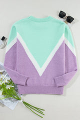 Green Chevron Colorblock Ribbed Knit Drop Shoulder Sweater Sweaters JT's Designer Fashion