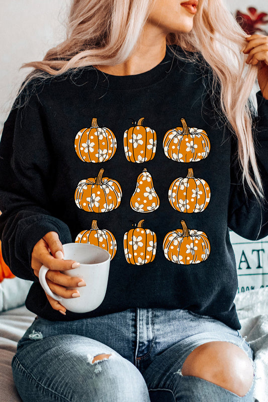 Black Floral Pumpkin Graphic Round Neck Halloween Sweatshirt Black 50%Polyester+50%Cotton Graphic Sweatshirts JT's Designer Fashion