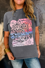Gray FOREVER CHASING SUNSETS Graphic Summer T Shirt Graphic Tees JT's Designer Fashion
