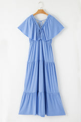 Sky Blue Textured V Neck Flutter Sleeve Ruffled Long Dress Maxi Dresses JT's Designer Fashion