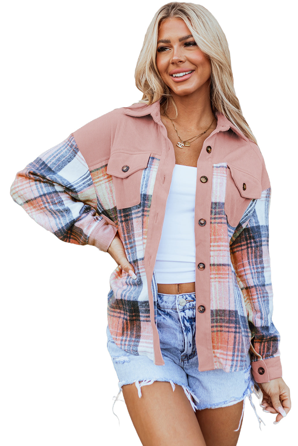 Light Pink Plaid Corduroy Patchwork Chest Pocket Shacket Plaid Shackets JT's Designer Fashion