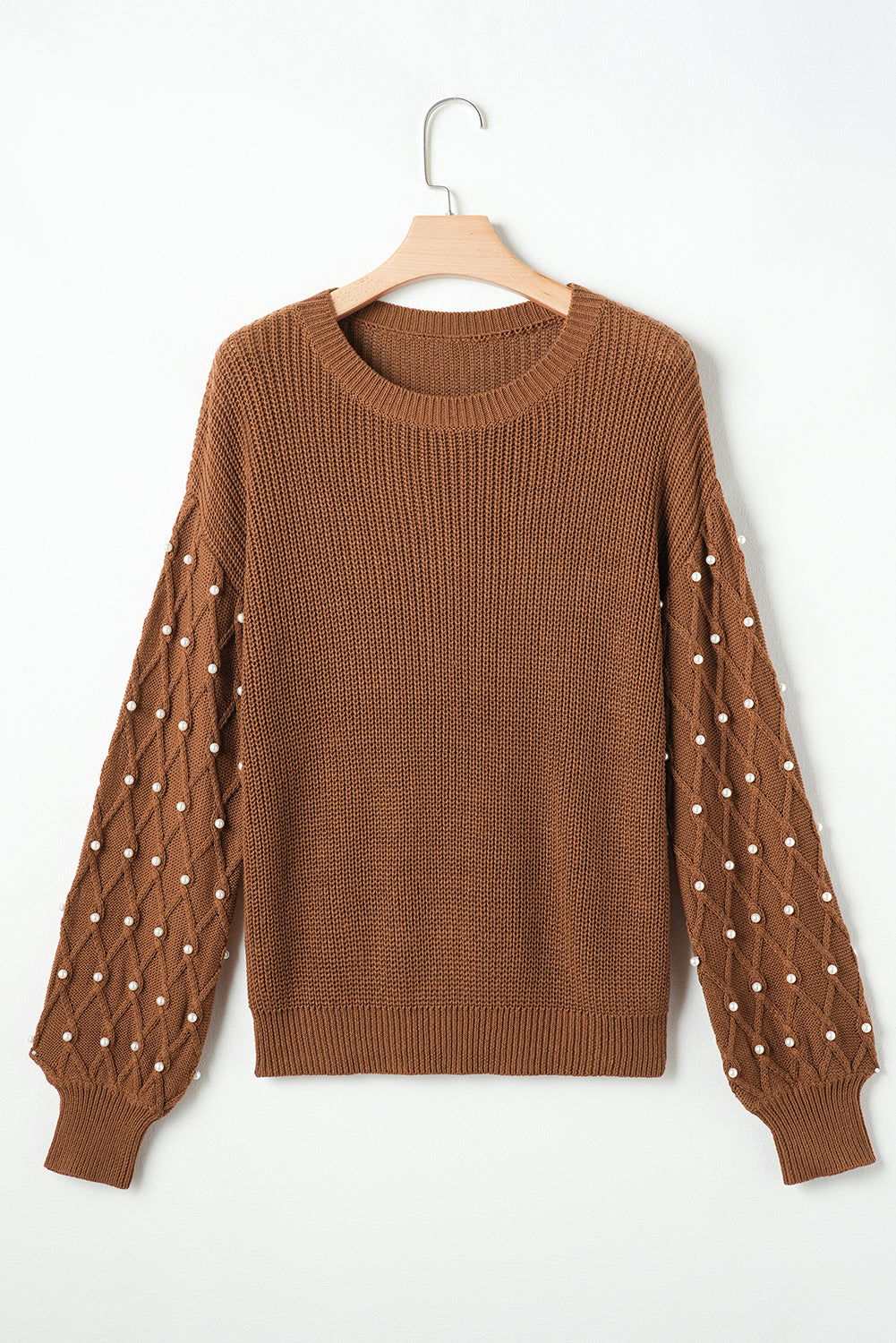 Chestnut Beaded Drop Shoulder Round Neck Sweater Sweaters JT's Designer Fashion