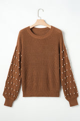 Chestnut Beaded Drop Shoulder Round Neck Sweater Sweaters JT's Designer Fashion