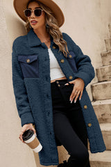 Blue Contrast Flap Pocket Single Breasted Teddy Coat Coats JT's Designer Fashion