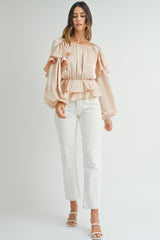 Oatmeal Lace-up Keyhole Back Ruffled Peplum Blouse Blouses & Shirts JT's Designer Fashion